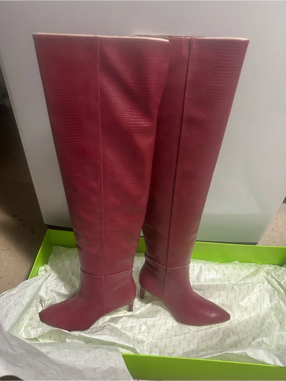 Sam Edelman Ursula Rhubarb Red Over-the-Knee lizard Textured Leather Boots